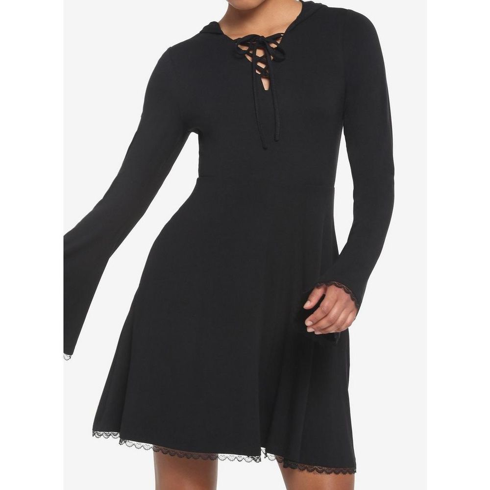 Black Lace-Up Front Hooded Dress